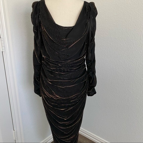New Leaf Samir Copper Shimmer Black Body Con Rare Dressy Prom Sexy Ruche Size 12 - Picture 1 of 12